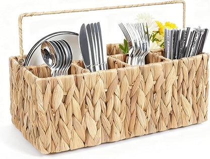 Wicker Silverware Organizer Basket,Hand Woven Kitchen Utensil Holder with Handles,Flatware Storage Caddy for Countertop Dining Picnic Party Table,Natural Cutlery Caddy for Plates,Napkins&Utensils