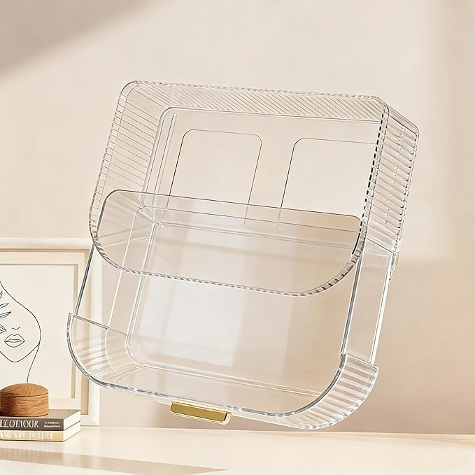 Makeup Organizer with 360° Rotating Brush Holder and Stackable Drawers, Cosmetic Display Case for Vanity, Bathroom Countertop (Clear, 2 Layer)