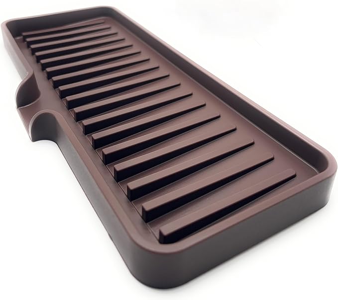 Silicone Soap Dish Tray and Sponge Holder with Drain Chute, Rectangular, Kitchen and Bathroom Sink Organizer (Dark Chocolate, 9"x3.5")