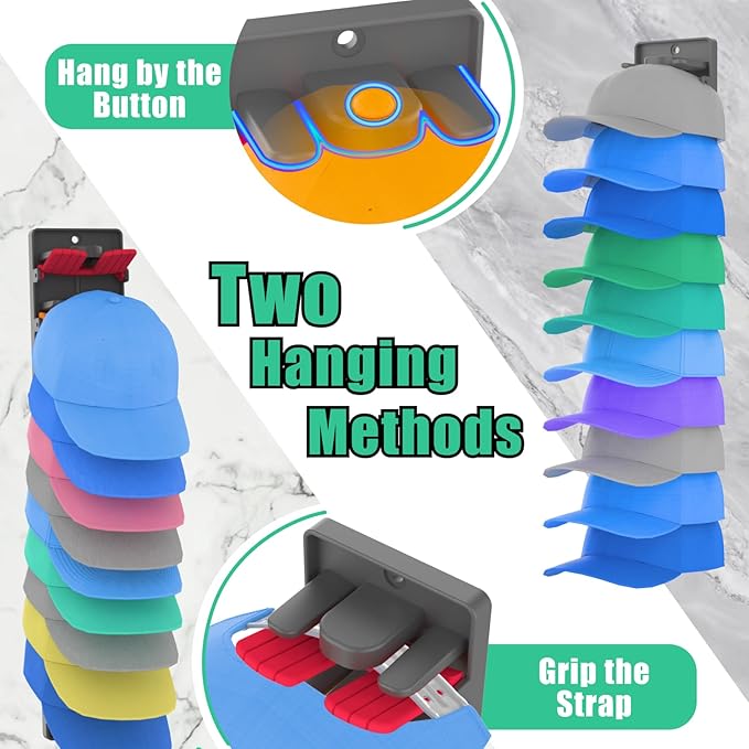 Hat Organizer for Baseball Caps 2 Packs with Built-in Spring Clips - Wall Mount Closet Hat Rack Holder, Adjustable Storage for Door/Closet Display Hat Racks Hanger (Strong Adhesive & Screws)