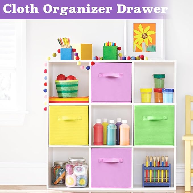 6 Pack Fabric Storage Bins, 10.6 Inch Colorful Cloth Organizer Baskets, Foldable Fabric Storage Cubes with Handles, Multi Colored Collapsible Bins for Toys Closet Bedroom Living Room(6 Color)