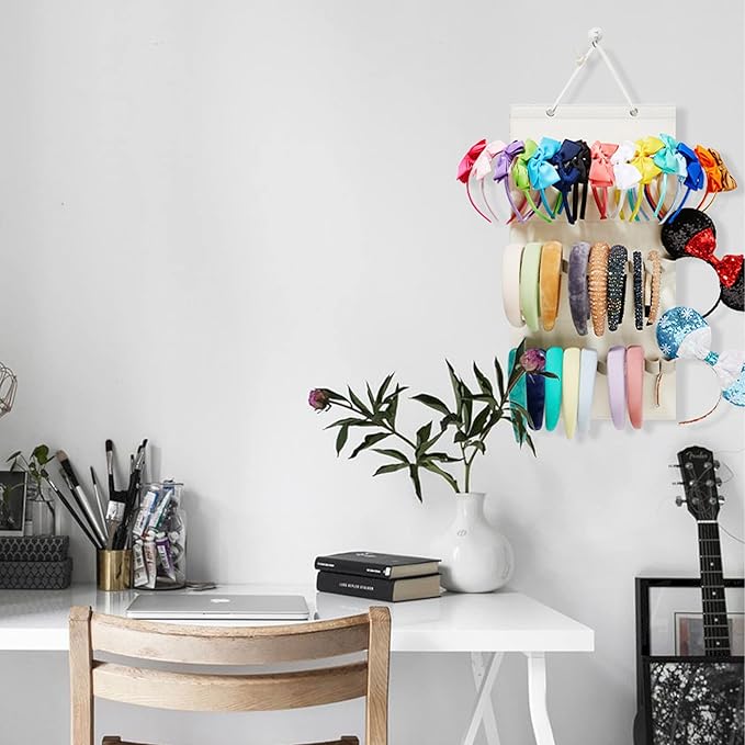 Hanging Headband Organizer with 30 Elastic Loops for Women Girls Headbands Display, Wall Headband Holder Organizer for Home (Beige)