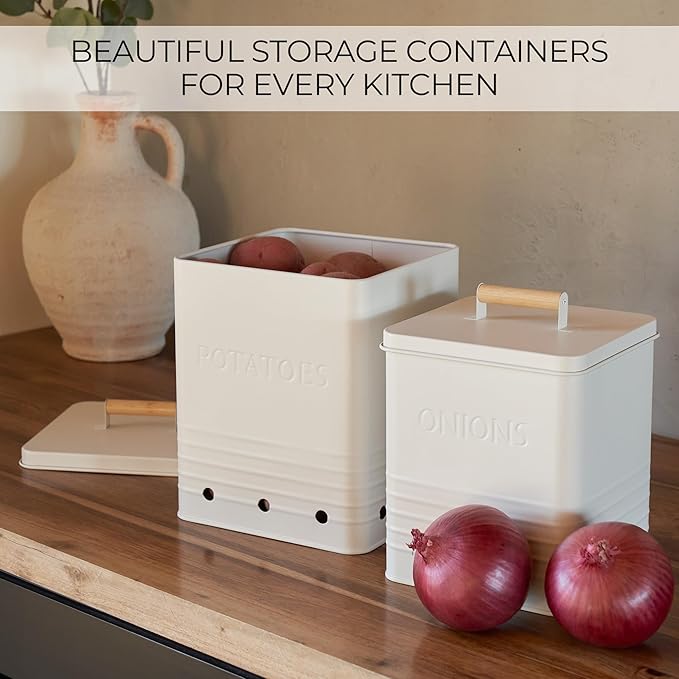 ZICOTO Beautiful Potato and Onion Storage Container Set, 10.1" & 8.9" - Perfectly Sized Spacious Canisters For Your Kitchen Counter Or Pantry - Food Safe Metal Bins Keep Produce Fresh Longer
