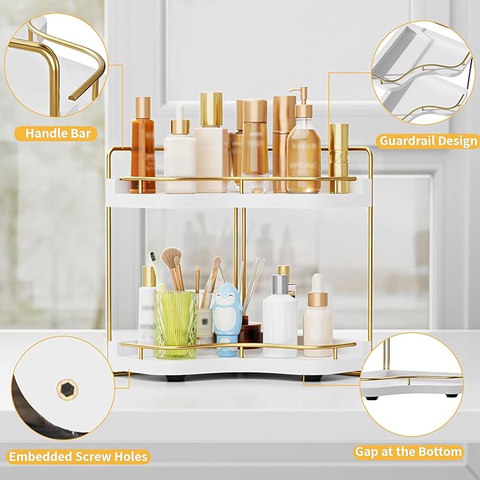 2-Tier Corner Bathroom Counter Organizer with Embedded Screw Holes, Secure & Stable Wood Vanity Shelf for Makeup and Skincare Essentials - Space Saving Bathroom Countertop Storage, White Gold