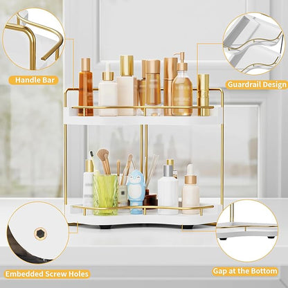 2-Tier Corner Bathroom Counter Organizer with Embedded Screw Holes, Secure & Stable Wood Vanity Shelf for Makeup and Skincare Essentials - Space Saving Bathroom Countertop Storage, White Gold