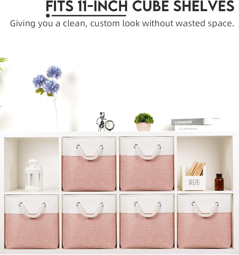Temary 11 Inch Storage Cubes, Sturdy Fabric Bins with Metal Support & Soft Rope Handles, 6 Pack Foldable Nursery Organizer Baskets for Clothes, Home (White & Pink)