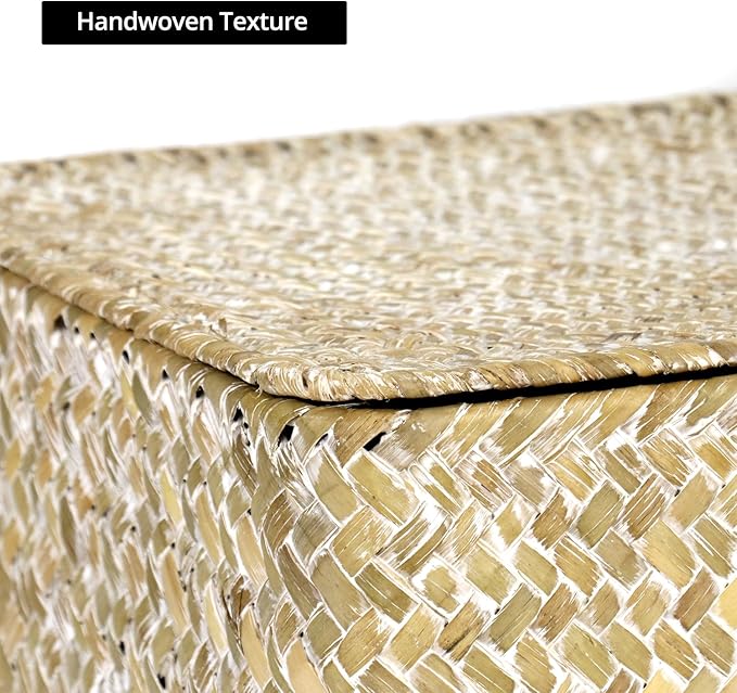 QWORK Seagrass Basket Set with Lids - 4-Piece Rattan Wicker Storage Baskets in Assorted Sizes, Handwoven, Durable Organizer for Home & Office, Rustic Farmhouse Decor, White