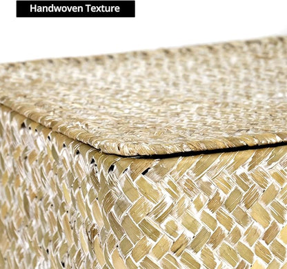 QWORK Seagrass Basket Set with Lids - 4-Piece Rattan Wicker Storage Baskets in Assorted Sizes, Handwoven, Durable Organizer for Home & Office, Rustic Farmhouse Decor, White