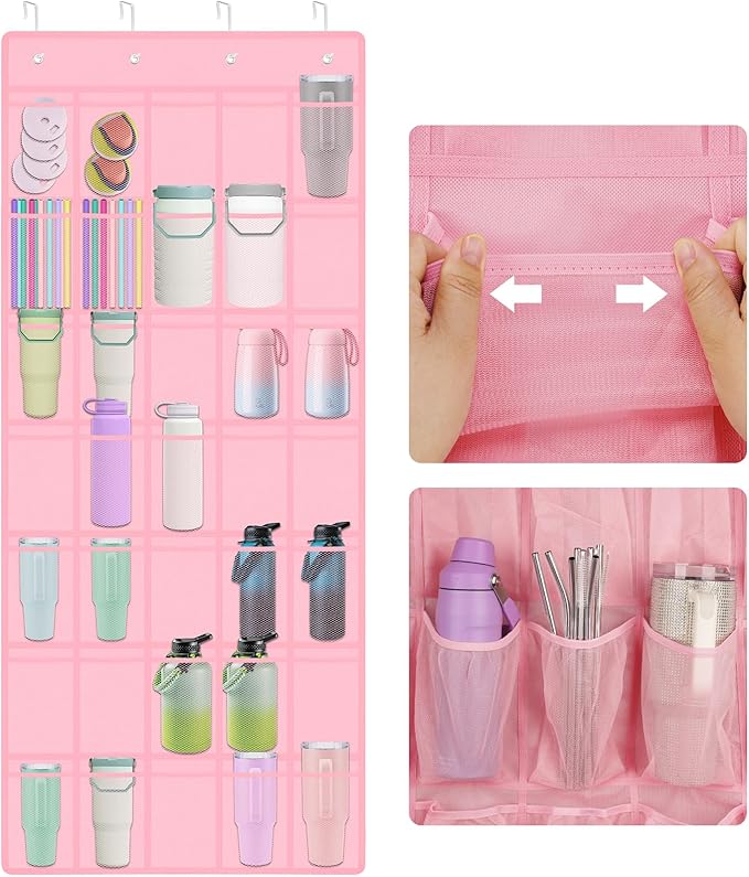 NiHome Multi-Functional 35 Pockets Door Hanging Organizer Fit for Stanley Tumbler in Kitchen, Pantry, Bathroom, Large Capacity Elastic Mesh Secure Storage Water Bottle Cup Holder, Foldable (Pink)