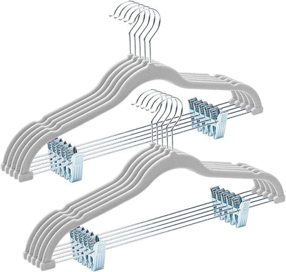 HOUSE DAY Velvet Hangers with Adjustable Clips 10 Pack, Non-Slip Suit Organizer with 360° Hook - Heavy Duty Hanger for Pants, Skirts, Blouses, Dresses - Outfit Hangers All-Season Space Saver (Grey)