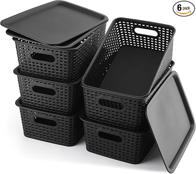 Storage Bins Plastic Storage Baskets With Lid Small Baskets for Organizing Stackable Storage Container Organizer Bins for Shelves Drawers Desktop Playroom Classroom Office, 6 Pack,Black