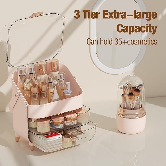 Makeup Organizer Countertop & 360° Rotating Makeup Brush Holder, Skincare Holder with Lid and Drawers, Storage Box Cosmetic Display Cases, Teen Girl Gifts, Vanity, Bathroom Counter, Pink