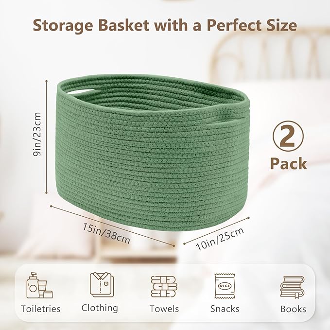 ECDYQXVU Cotton Rope Storage Basket, 15x10x9 Inches, Woven Basket for Shelves, Clothes, Towels, Books, and Laundry, Green (2 Pack)