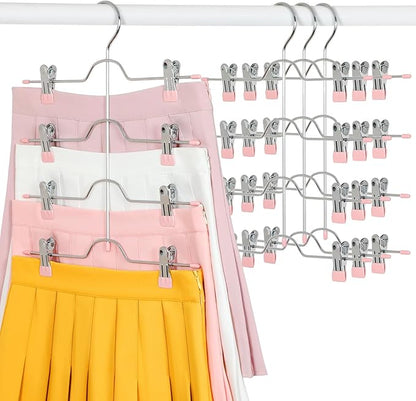 TOPIA HANGER 4 Tier Metal Skirt Hangers for Women, Pants Hanger Space Saving with Adjustable Clips, Gain 70% More Space, Non Slip Grip for Slacks, Trousers, Shorts, Jeans, Towels, Pink, 4-Pack, CT61P
