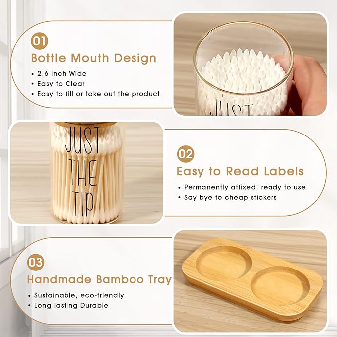 Funny Qtip Holder Dispenser 2 Pack Glass Apothecary Jars Canisters with Tray, Cotton Ball Qtip Holder Bathroom Set with Bamboo Lids for Cotton Swab Farmhouse Bathroom Storage Organization