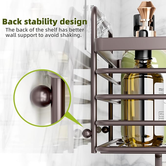 Yougai Shower Caddy, Shower Organizer with Soap Holder and Hooks, Rustproof Shower Shelves, No Drilling Bathroom Organizers and Storage, Wall-Mounted Kitchen & Home Decor (Brown)