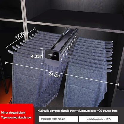 Pull Out Trousers Rack 20 Arms Steel Pull Out Pants Rack Double Row Sliding Pants Hanger Pant Organizer Pull-Out Load 35lbs Sizes Installation Depths are L 17.7in, h 4.33 in w 24.8in in.