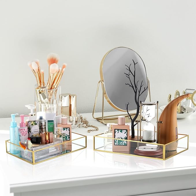 Jetec 3 Pieces Mirror Glass Vanity Tray Gold Ornate Makeup Tray Metal Vintage Octagonal Perfume Dresser Trays for Dresser Bedroom Bathroom Hotel, 3 Sizes