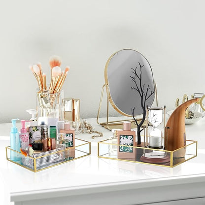 Jetec 3 Pieces Mirror Glass Vanity Tray Gold Ornate Makeup Tray Metal Vintage Octagonal Perfume Dresser Trays for Dresser Bedroom Bathroom Hotel, 3 Sizes