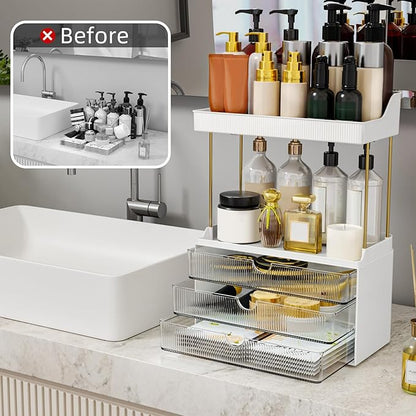StorBin 2 Sets Makeup Organizer – 5 Tier Bathroom Organizers and Storage, Versatile Perfume Vanity Organizer, Ideal for Cosmetic, Large Skincare, Face Mask, Office Supplies, Clear