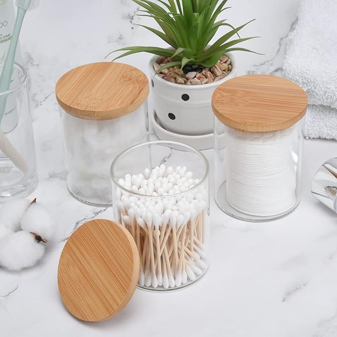 BKYFPQ 3 Pack Glass Qtip Holder Dispenser Set - Apothecary Jars with Lids for Vanity Makeup Organizer - Bathroom Canister Storage Organizer for Cotton Ball,Swab,Round Pads,Floss