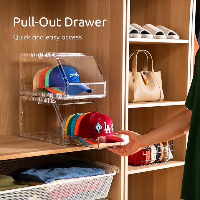Ozueccr 2 Pack Hat Organizer for Baseball Caps – Stackable Clear Display Box with Sliding Drawer, Holds 15 Baseball Caps, Closet and Shelf Organizer for Hats, Transparent Display with Anti-Slip Feet
