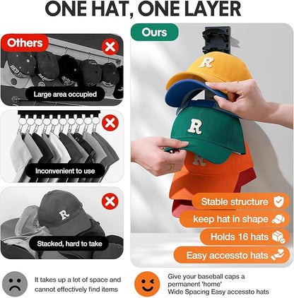 2 Pack Hat Organizer for Baseball Caps, Hat Rack for Wall with Strong Adhesive, Hold Up to 16 Hats, Hat Rack for Door Closet, Multi-Tier Hat Organizer, Two Mounting Options (Black)