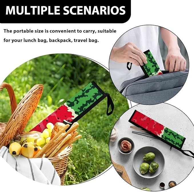 COEQINE Travel Silverware Case for Women Novlety Watermelon Pattern Silverware Bag Portable Leafproof Lightweight Cute Flatware Organzier With Handles