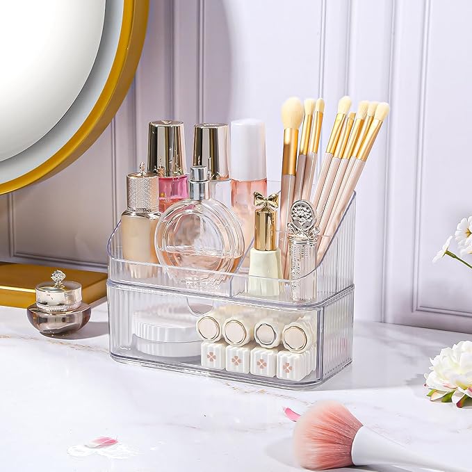 DASITON Makeup Organizer with Drawers, 2 Tier Stackable Organizer for Cosmetics, Skincare, Lipsticks, Makeup Brush, Acrylic Small Makeup Organizers for Vanity Bathroom Countertop Desk Storage (Clear)