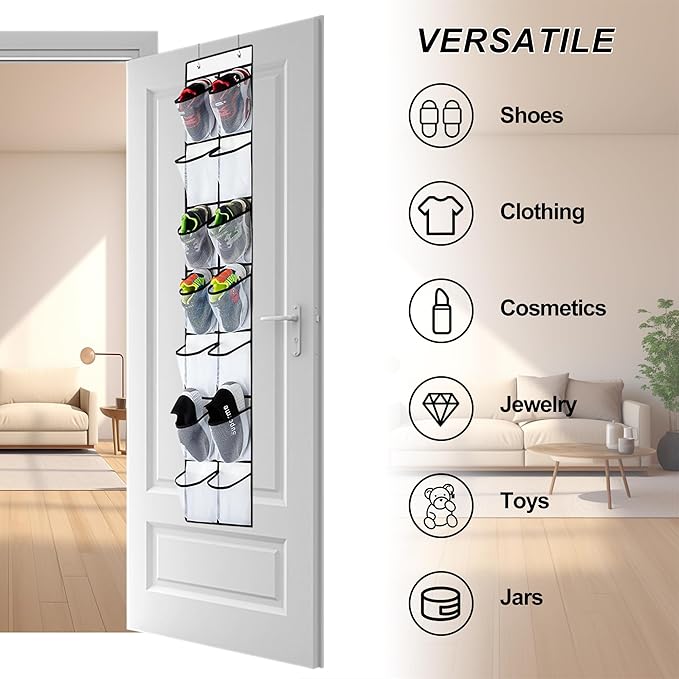 PVWSG Over The Door Shoe Organizer, 14 Large Mesh Pockets Hanging Shoe Rack for Closet Organizers and Storage, White, 2-pack (white)