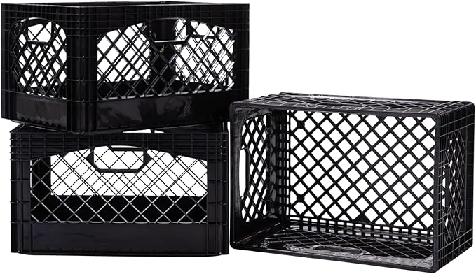 Rectangular Plastic Milk Crate Storage Tote with Handles, 24-Quart Stackable Organizer for Garage, Home, and Office, Made in the USA, 19" x 13" x 11" (3-Pack) - Black