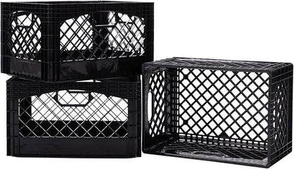 Rectangular Plastic Milk Crate Storage Tote with Handles, 24-Quart Stackable Organizer for Garage, Home, and Office, Made in the USA, 19" x 13" x 11" (3-Pack) - Black