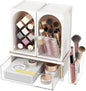 FOLLOWIN Compact Makeup Organizer Set, Lipstick Holder with Grid,Makeup Brush Organizer with Flip Drawer, 2 Ways to Arrange, Milk White Vanity Countertop Storage with Detachable Drawer for Cosmetics