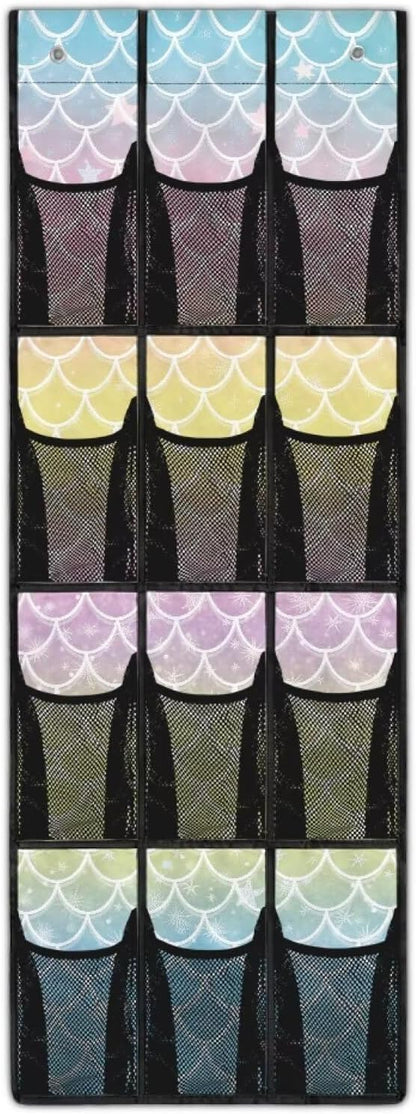 Mermaid Scale Door Organizer Hanging Shoe Organizer for College Dorm Room 12 Compartment Breathable Mesh Pocket Over the Door Hanging Storage Bag for Kids Room