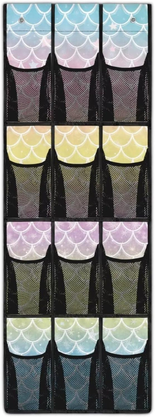 Mermaid Scale Door Organizer Hanging Shoe Organizer for College Dorm Room 12 Compartment Breathable Mesh Pocket Over the Door Hanging Storage Bag for Kids Room