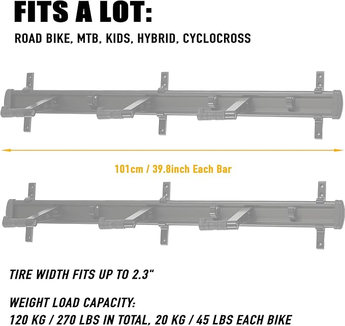 CyclingDeal Bike Wall Mount Rack - Adjustable Indoor Outdoor Storage Vertical Cycling Hook Hanger Organiser - Safe & Secure for Storing MTB Road Bicycles in Garage or Home - Upgraded 6 Bikes