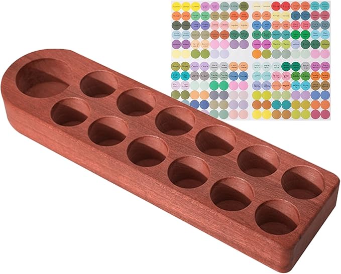 Wooden Essential Oil Holder with 13 Holes (3cmx12 & 5cmx1), Retro Desktop Display Rack for Bathroom Vanity Desk Organizer