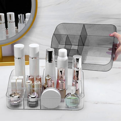 DASITON Large Capacity Makeup Brush Holder, 7 Slot Makeup Brush Cup, Vintage Striped Make Up Brush Holder, Makeup Tray Organizer for Vanity Decor, Bathroom Countertops, Desk Storage Container (Grey)