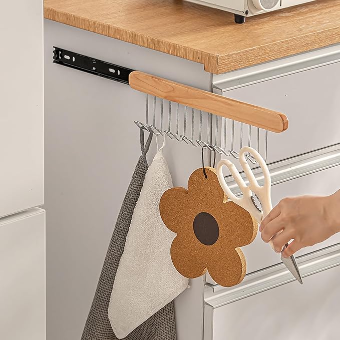 Pull Out Belt Rack for Closet, Sliding Hooks Hanger Rack for Bras Ties Tank Top Scarf Jewelry, Space Saving Organizr for Wardrobe Cabinet, Right Side 8 Hooks Rail, 2 Pcs