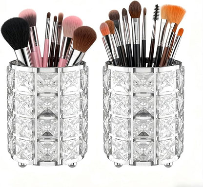 LUGUNU Makeup Brush Holder with Silver Crystal Bling – Elegant Vanity Organizer for Brushes, Pens & Pencils, Ideal for Bathroom or Office Countertop(2Pack)