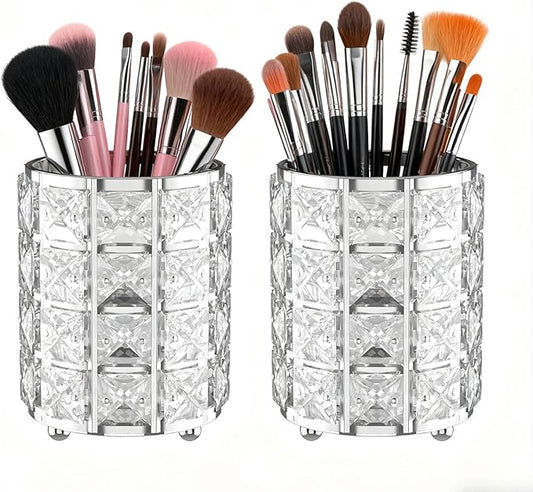 LUGUNU Makeup Brush Holder with Silver Crystal Bling – Elegant Vanity Organizer for Brushes, Pens & Pencils, Ideal for Bathroom or Office Countertop(2Pack)