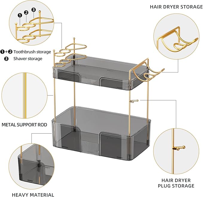 shuang qing 2 Tier Bathroom Counter Organizer with Hair Dryer Holder, Hair Tool Countertop Storage, Cosmetics Skincare Shelf, Makeup Organizer Perfume for Dresser Vanity Tray - Grey