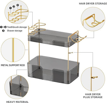 shuang qing 2 Tier Bathroom Counter Organizer with Hair Dryer Holder, Hair Tool Countertop Storage, Cosmetics Skincare Shelf, Makeup Organizer Perfume for Dresser Vanity Tray - Grey