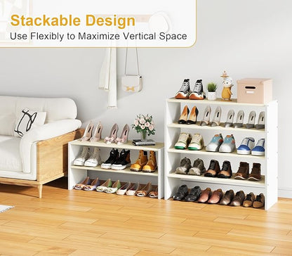 Cidaziya 2 Pack 2 Tier Small White Shoe Rack for Closet, Stackable Shoe Shelf Organizer for 9-12 Pairs of Shoes, Portable Wood and Cloth Structure, Small Shoe Storage Organizer, Size 28.5"* 11" * 13"