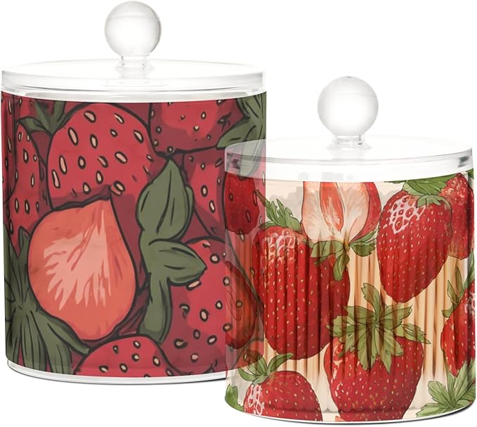 2 Pack Qtip Dispenser Apothecary Jars with Lids Cotton Round Holder Bathroom Canisters for Cotton Swab Floss Ball Pads Clear Plastic Decorative Red Strawberries