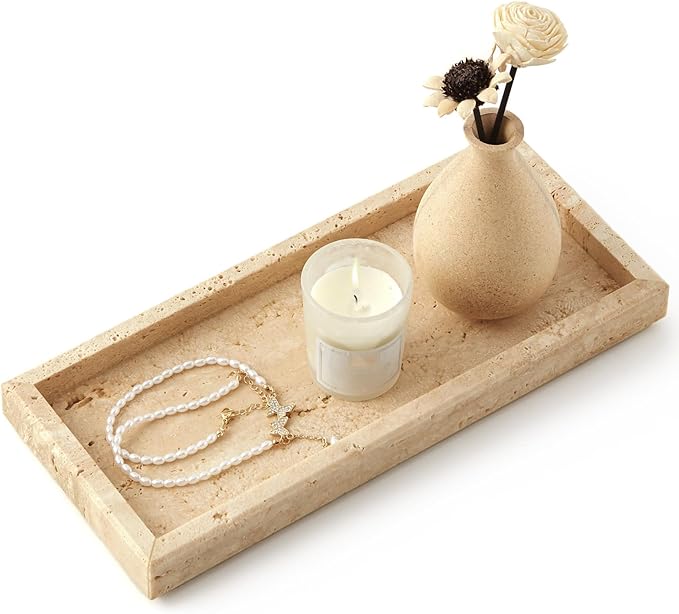 Real Natural Travertine Tray for Bathroom, Vanity, Kitchen and Desktop, Rectangle Genuine Marble Stone Tray for Jewelry, Cosmetics, Candles, Lotion, Perfume and Home Decor, 12"x5" Size