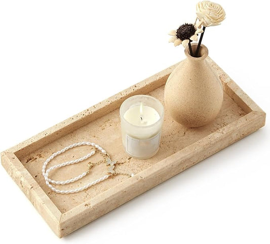 Real Natural Travertine Tray for Bathroom, Vanity, Kitchen and Desktop, Rectangle Genuine Marble Stone Tray for Jewelry, Cosmetics, Candles, Lotion, Perfume and Home Decor, 12"x5" Size