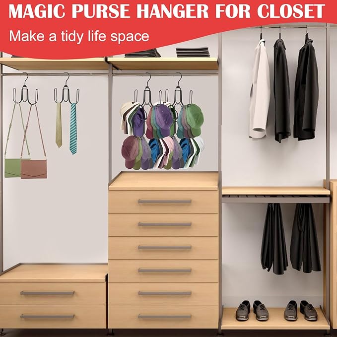 2 Pack Hat Hanger for Closet, Collapsible Metal Hat Organizer for Baseball Caps, Racks with 4 Big Hooks, 360° Rotation Space Saving Hangers, Better Organizer&Display for Tie, Scarves, Black