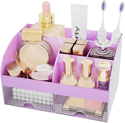 Makeup Organizer with 2 Drawers, Cosmetic Storage for Dresser Vanity and Bathroom Countertop,Make up organization and Skincare Storage with Beauty Brush Holder, Cosmetic Display Case (Purple)