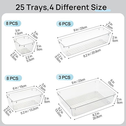 Vtopmart 25 PCS Office Desk Drawer Organizers Set, 4-Size Versatile Plastic Drawer Organizer Trays, Storage Bins for Desk Accessories Office Organizers and Storage, Bathroom, Makeup, Vanity